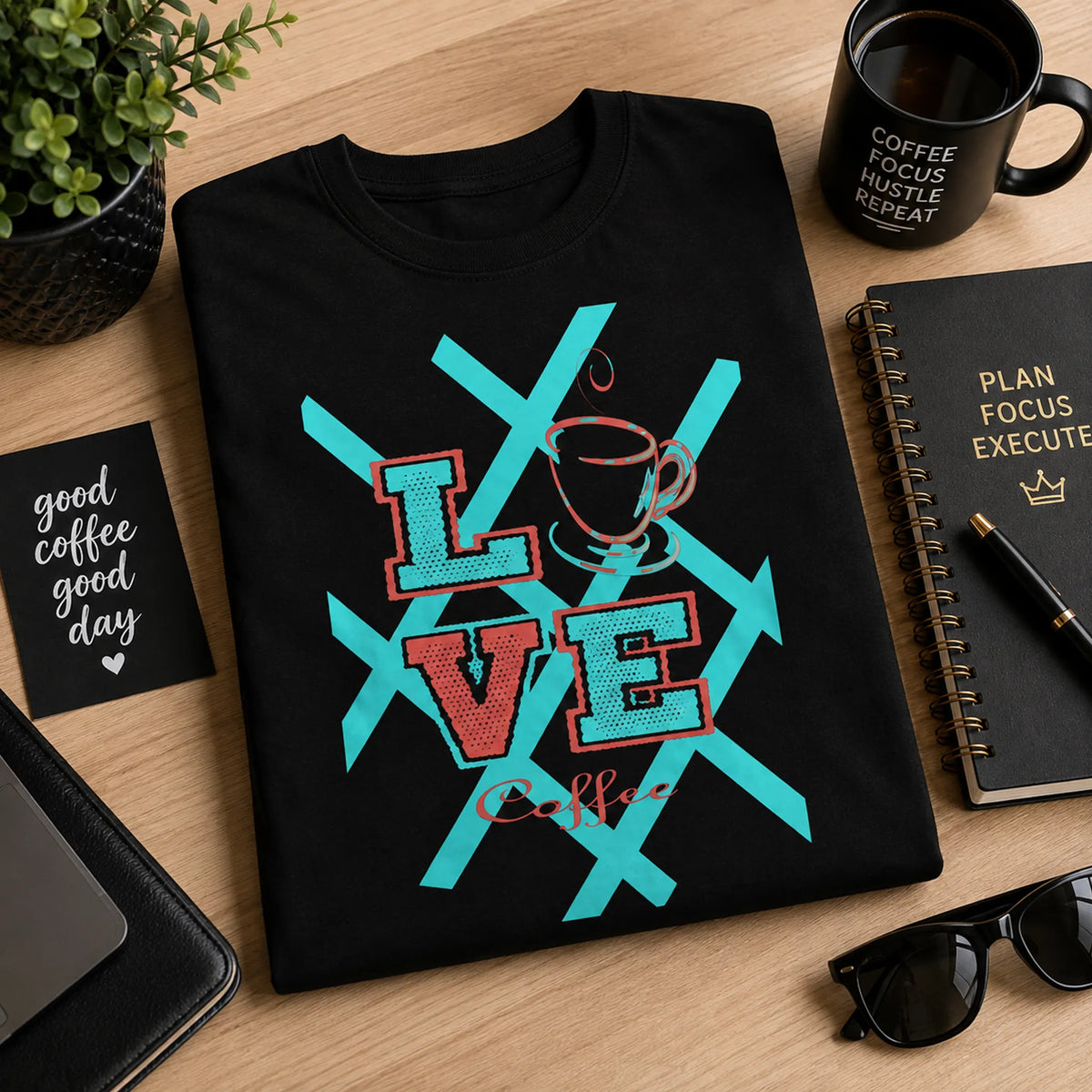 Love Coffee black graphic tee styled with coffee mug, notebook and plant on a modern workspace – Black Heart Tees motivational apparel
