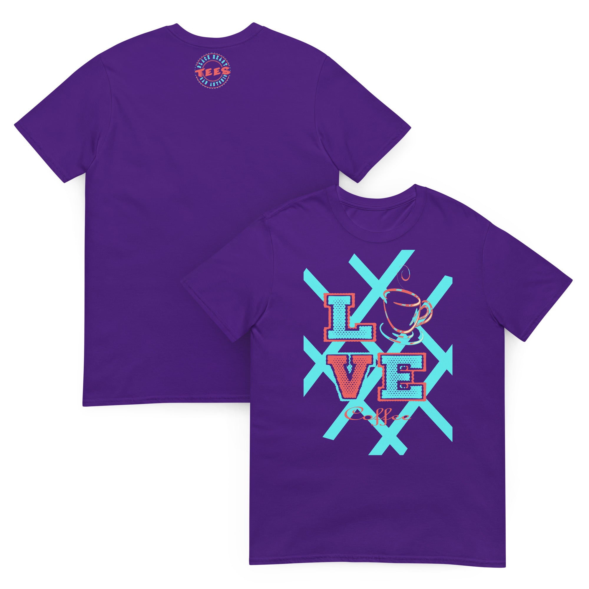 Front and Back View of the Love Coffee t-shirt in this hot Purple – coffee lover gift idea with retro cup graphic