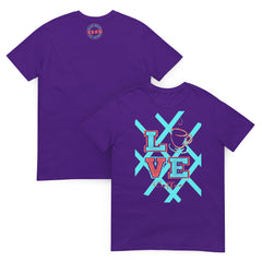 Front and Back View of the Love Coffee t-shirt in this hot Purple – coffee lover gift idea with retro cup graphic
