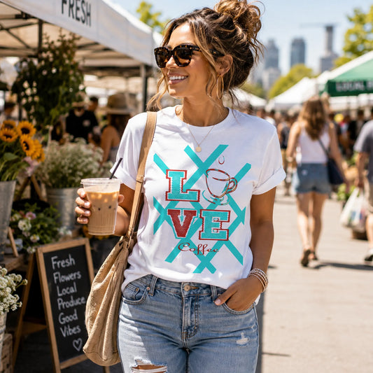Woman wearing Love Coffee white graphic tee holding iced coffee at an outdoor farmers market – Black Heart Tees motivational apparel