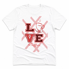 Love Coffee white graphic tee front flat lay with red and pink coffee design – Black Heart Tees motivational apparel