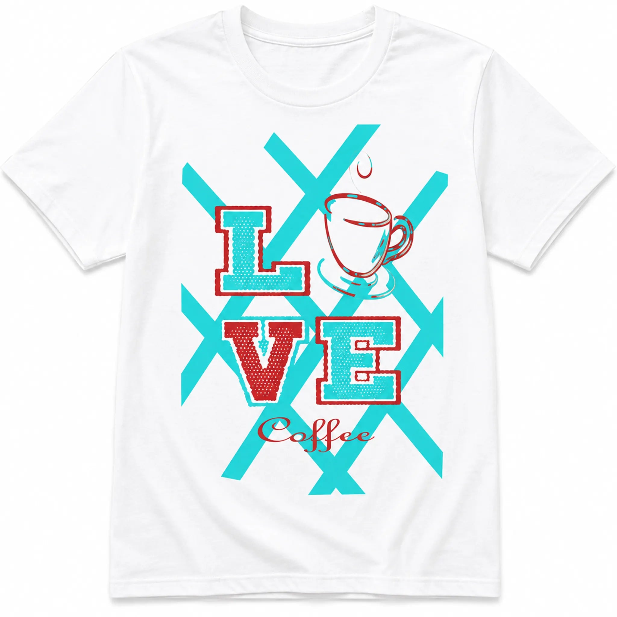 White Love Coffee graphic tee with turquoise and coral coffee cup design on white background