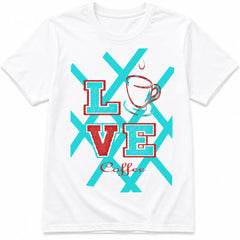 White Love Coffee graphic tee with turquoise and coral coffee cup design on white background