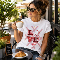 Woman wearing Love Coffee white graphic tee holding a latte at an outdoor café – Black Heart Tees motivational apparel