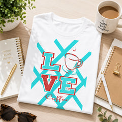 Love Coffee white graphic tee styled with coffee mug, notebooks and plant on a bright workspace – Black Heart Tees motivational apparel