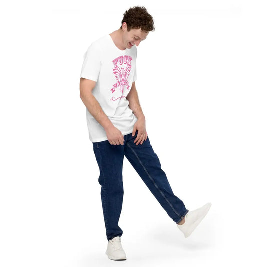 F Cancer T-Shirt – Male wearing the white breast cancer awareness tee by Black Heart Tees Clothing featuring pink “F Cancer” print, honoring strength and survival. (Front View)