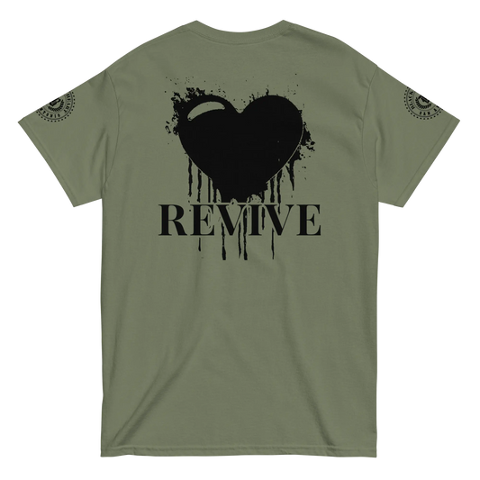 Back view of Military Green Revive Black Heart Tee – bold black heart design symbolizing renewal, purpose, and inner strength by Black Heart Tees Clothing
