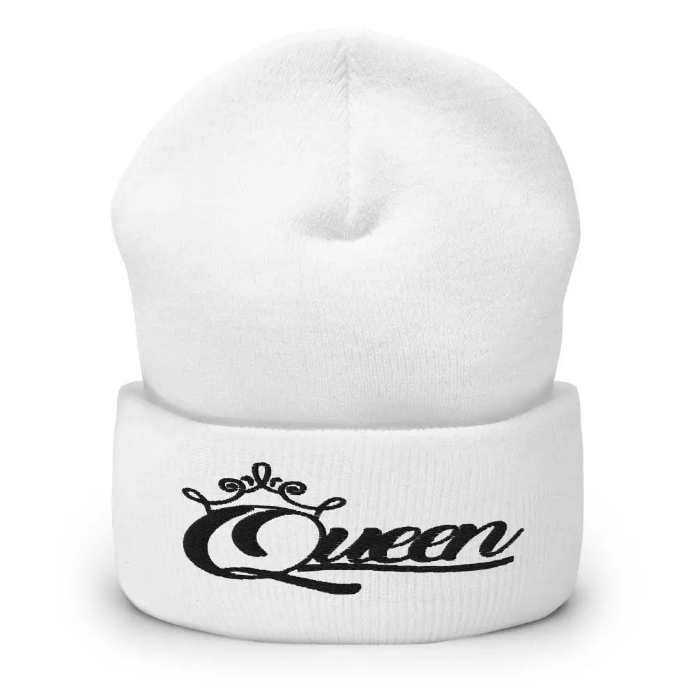 Queen Cuffed Beanie in Black Print – Women’s White Winter Hat with Empowering Embroidery
