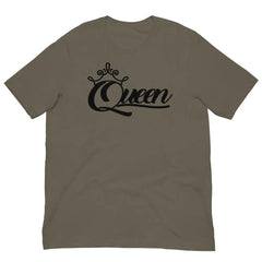 Front View of Queen Graphic Tee in Army Green – Empowering Women’s T-Shirt by Black Heart Tees Clothing 