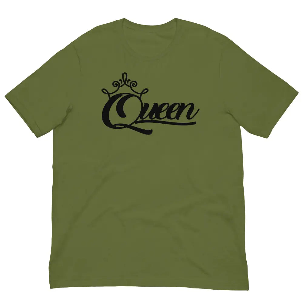 Front View of Queen Graphic Tee in Olive Green – Empowering Women’s T-Shirt by Black Heart Tees Clothing 