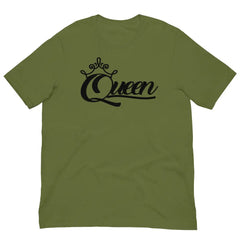 Front View of Queen Graphic Tee in Olive Green – Empowering Women’s T-Shirt by Black Heart Tees Clothing 