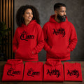 Queen and King red hoodie and tee bundle lifestyle display featuring matching graphic apparel