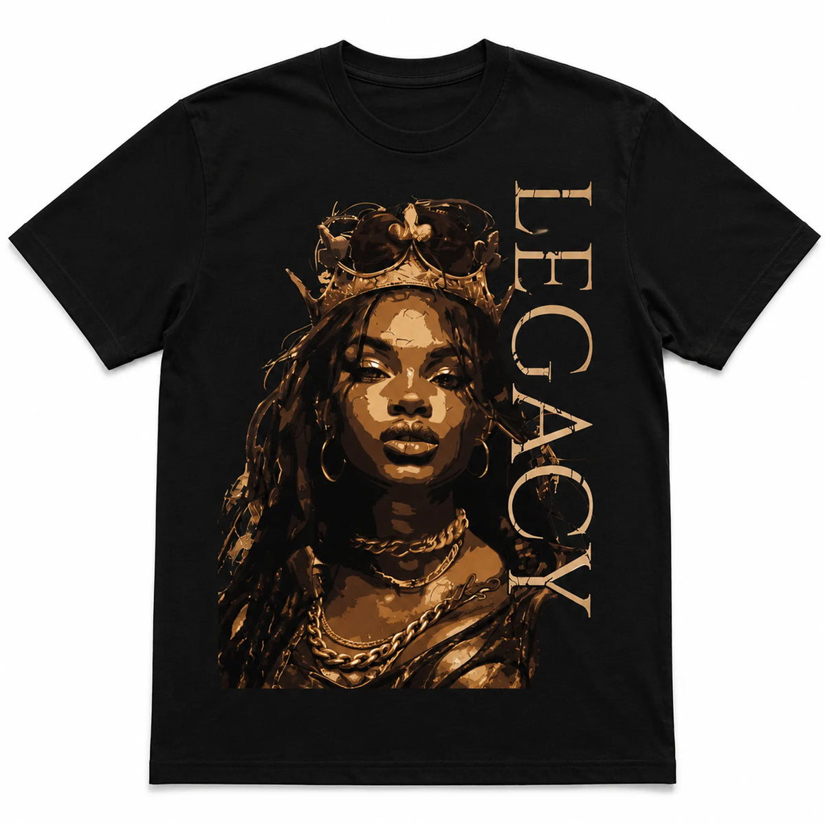 Queen Legacy women's black graphic tee featuring crowned woman portrait and vertical Legacy design – Black Heart Tees motivational apparel