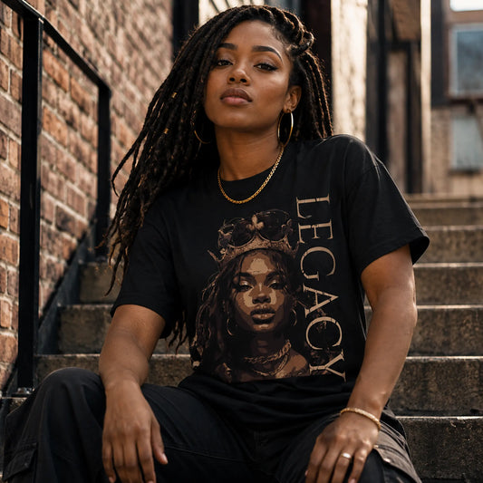 Woman wearing Queen Legacy black graphic tee with crowned portrait design while sitting on outdoor urban steps – Black Heart Tees motivational apparel