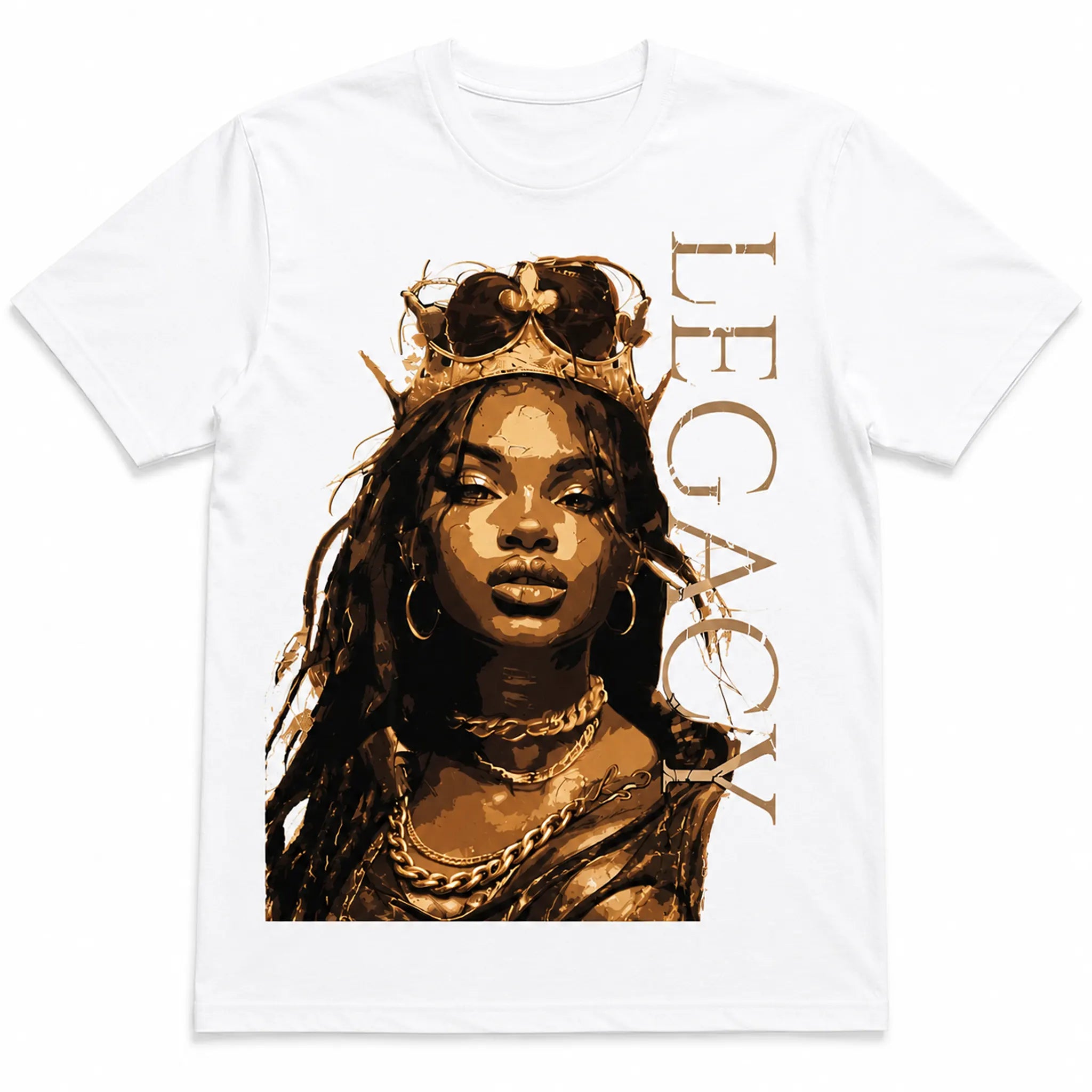Queen Legacy women's white graphic tee featuring crowned woman portrait and vertical Legacy design – Black Heart Tees motivational apparel