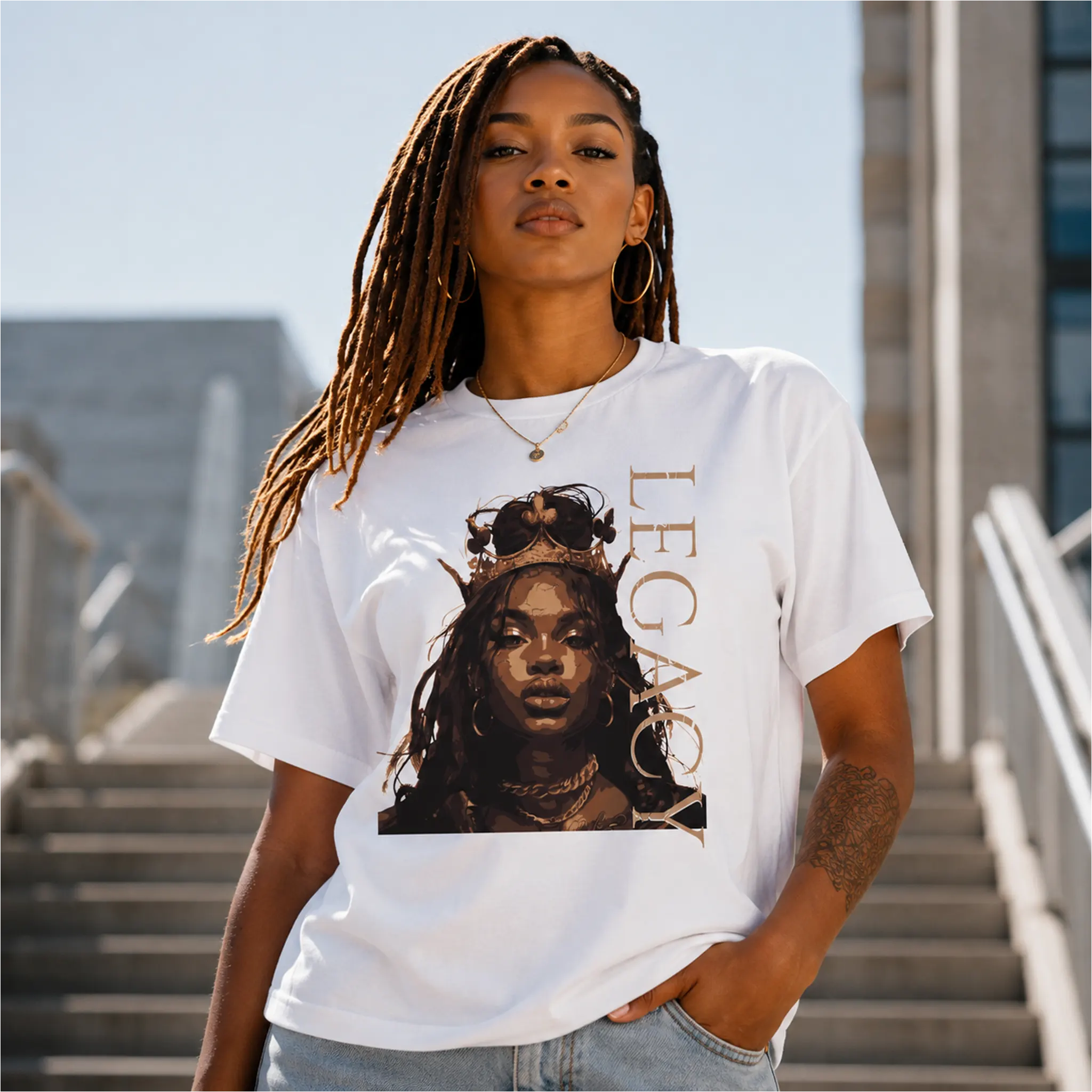 Woman wearing Queen Legacy white graphic tee with crowned portrait design on outdoor urban steps – Black Heart Tees motivational apparel