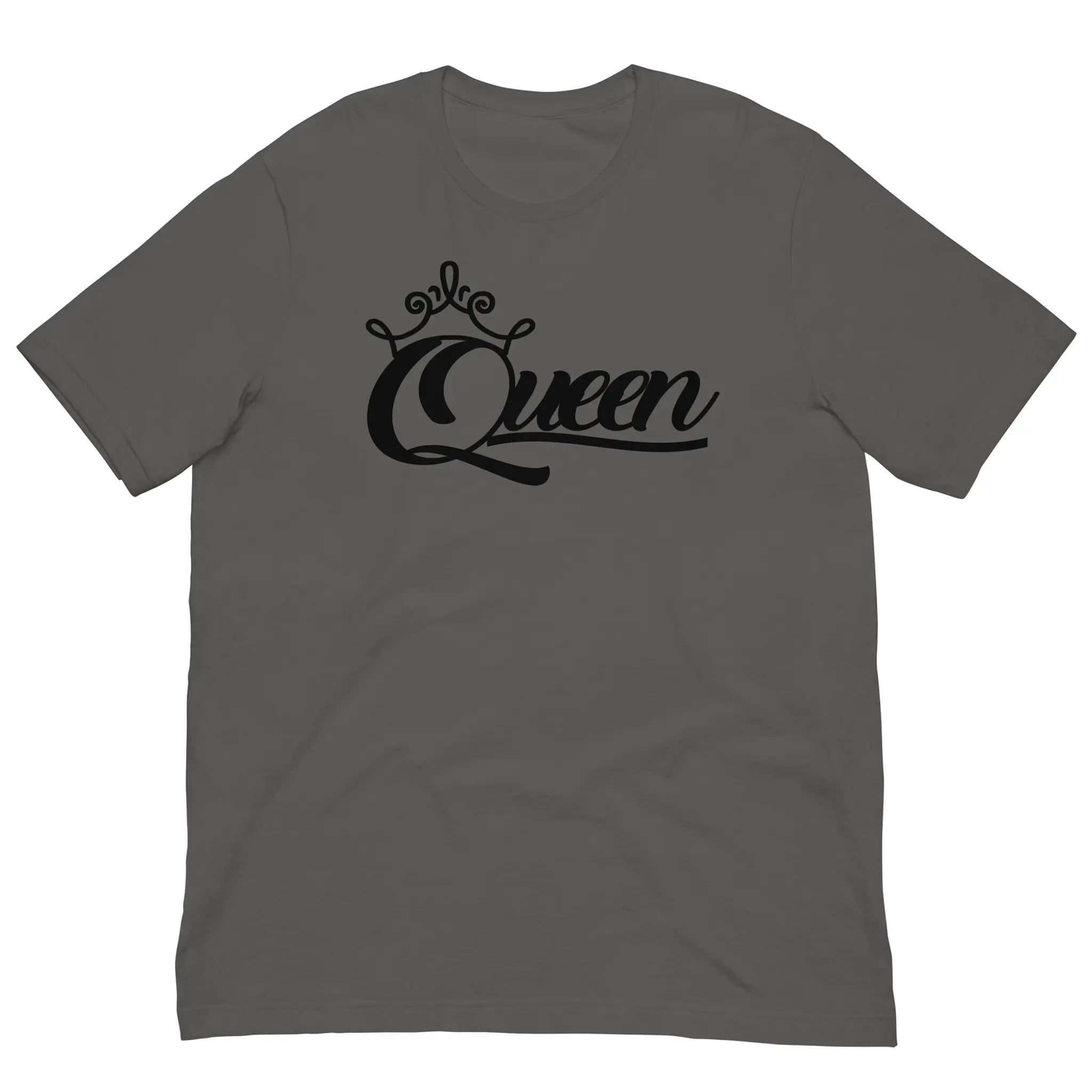 A light dark gray short-sleeve t-shirt with a black graphic on the chest reading 'Queen' in stylized script under a small crown, shown on a plain white background.