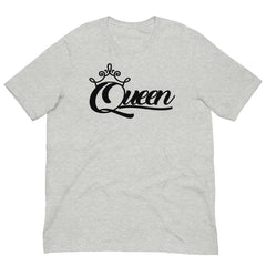 A light heather gray short-sleeve t-shirt with a black graphic on the chest reading 'Queen' in stylized script under a small crown, shown on a plain white background.