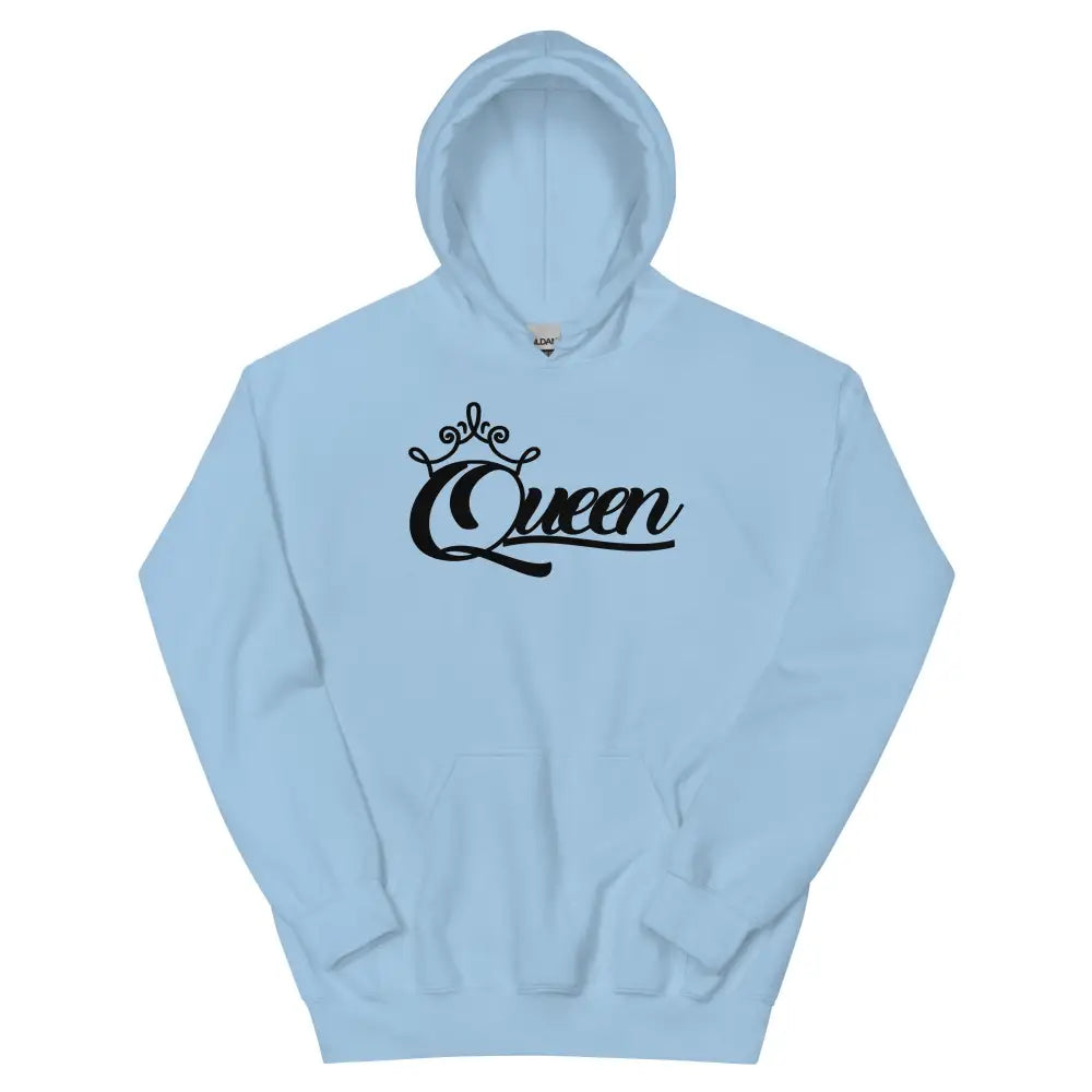 Queen women's light blue pullover hoodie with black crown script graphic – Black Heart Tees motivational apparel.