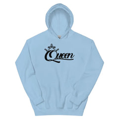 Queen women's light blue pullover hoodie with black crown script graphic – Black Heart Tees motivational apparel.