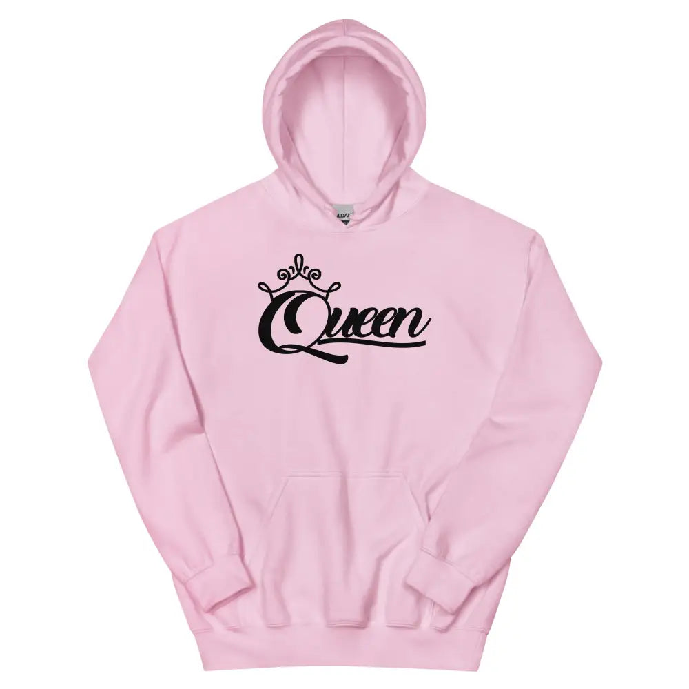 Queen women's light pink pullover hoodie with black crown script graphic – Black Heart Tees motivational apparel.