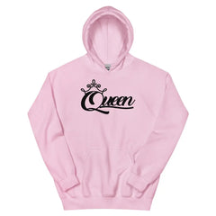 Queen women's light pink pullover hoodie with black crown script graphic – Black Heart Tees motivational apparel.