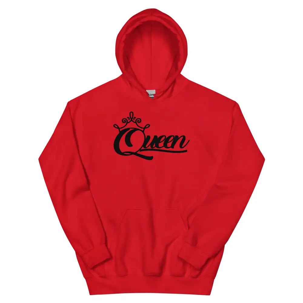 Queen women's red pullover hoodie with black crown script graphic – Black Heart Tees motivational apparel.