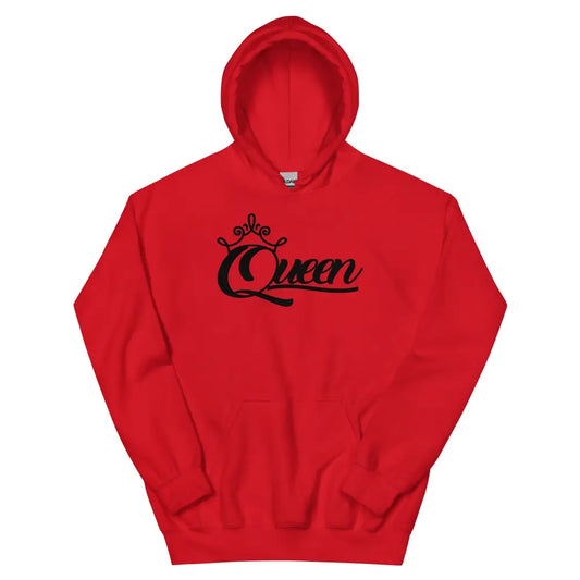 Queen women's red pullover hoodie with black crown script graphic – Black Heart Tees motivational apparel.