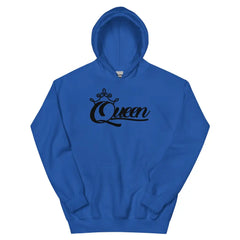Queen women's Royal Blue pullover hoodie with black crown script graphic – Black Heart Tees motivational apparel.
