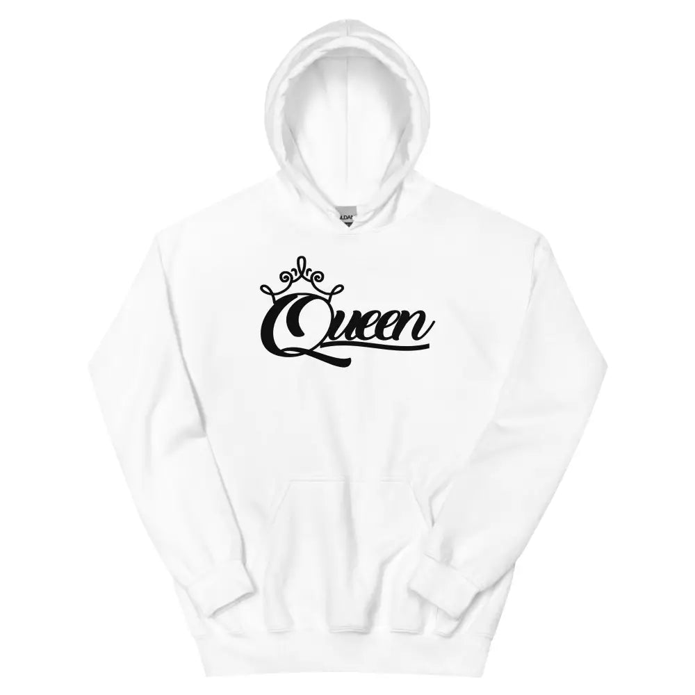 Queen women's white pullover hoodie with black crown script graphic – Black Heart Tees motivational apparel.