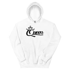 Queen women's white pullover hoodie with black crown script graphic – Black Heart Tees motivational apparel.
