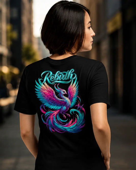 Back view of the Rebirth Phoenix graphic T-shirt featuring a colorful phoenix design, inspirational streetwear tee symbolizing resilience, transformation, and strength.