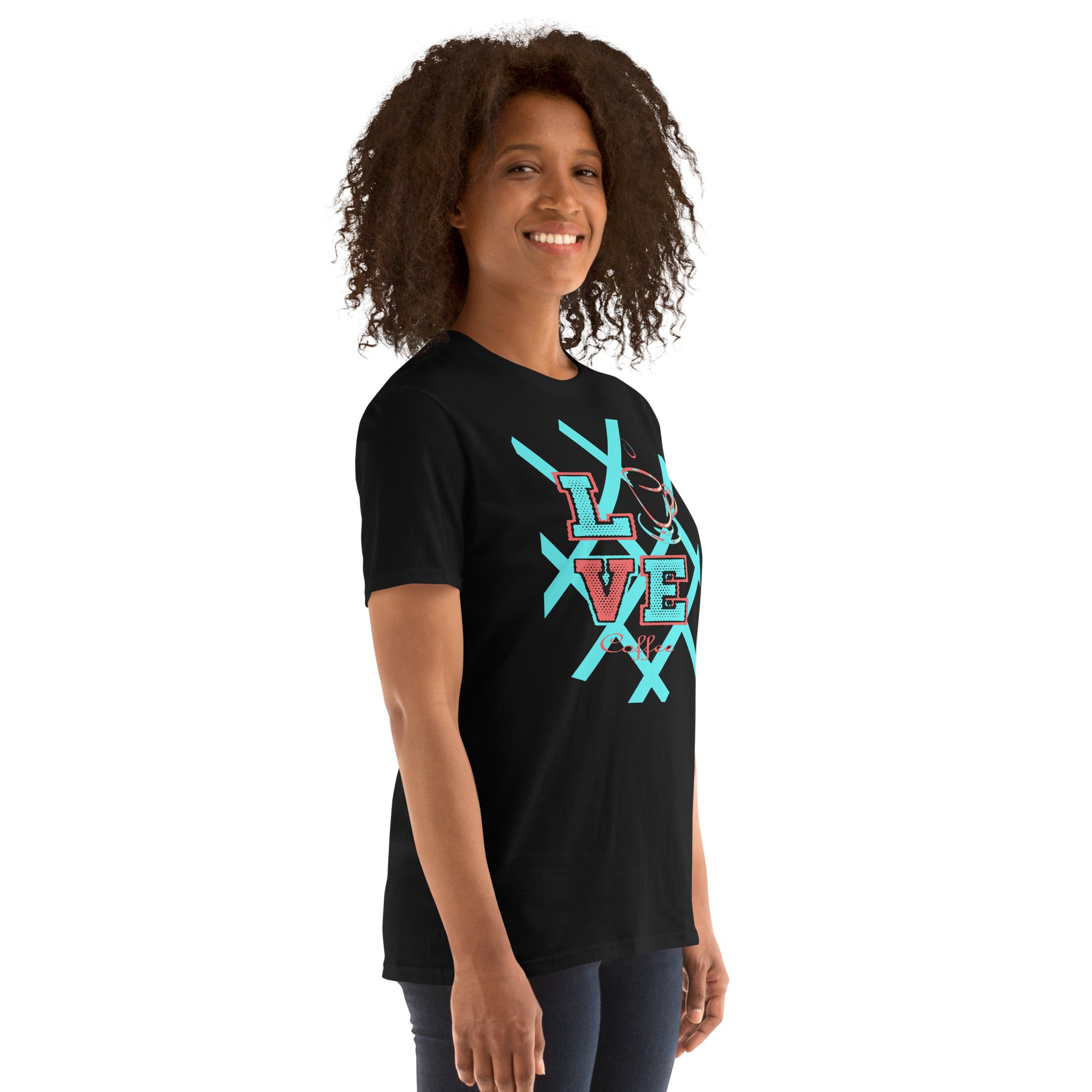 Model wearing the Black Love Coffee graphic t-shirt for coffee lovers – retro coffee cup design