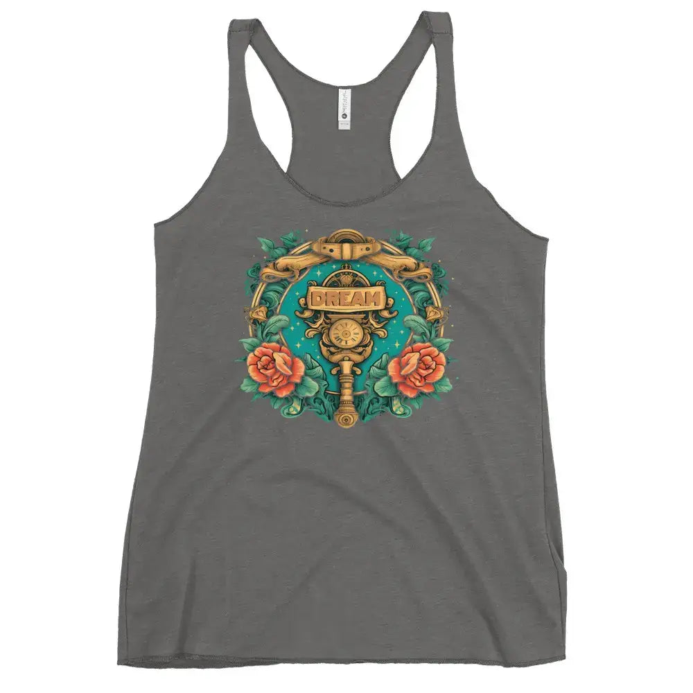 Heather grey Dream racerback tank top – soft, breathable inspirational wear for women.